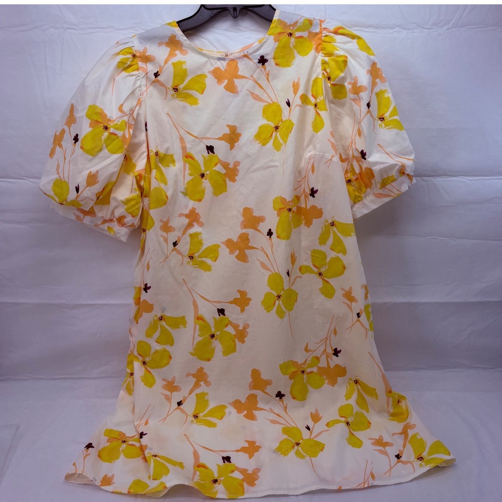 A New Day Womens XL Floral Puff Sleeve Mini Dress Yellow Orange White Cotton